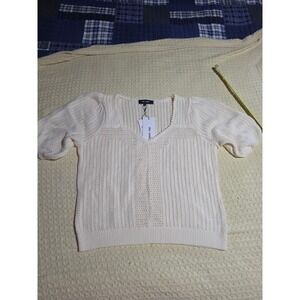 Chloe + Jasmine Cream Ivory Pointelle Knit V-Neck Puff Sleeve Top XL NWT